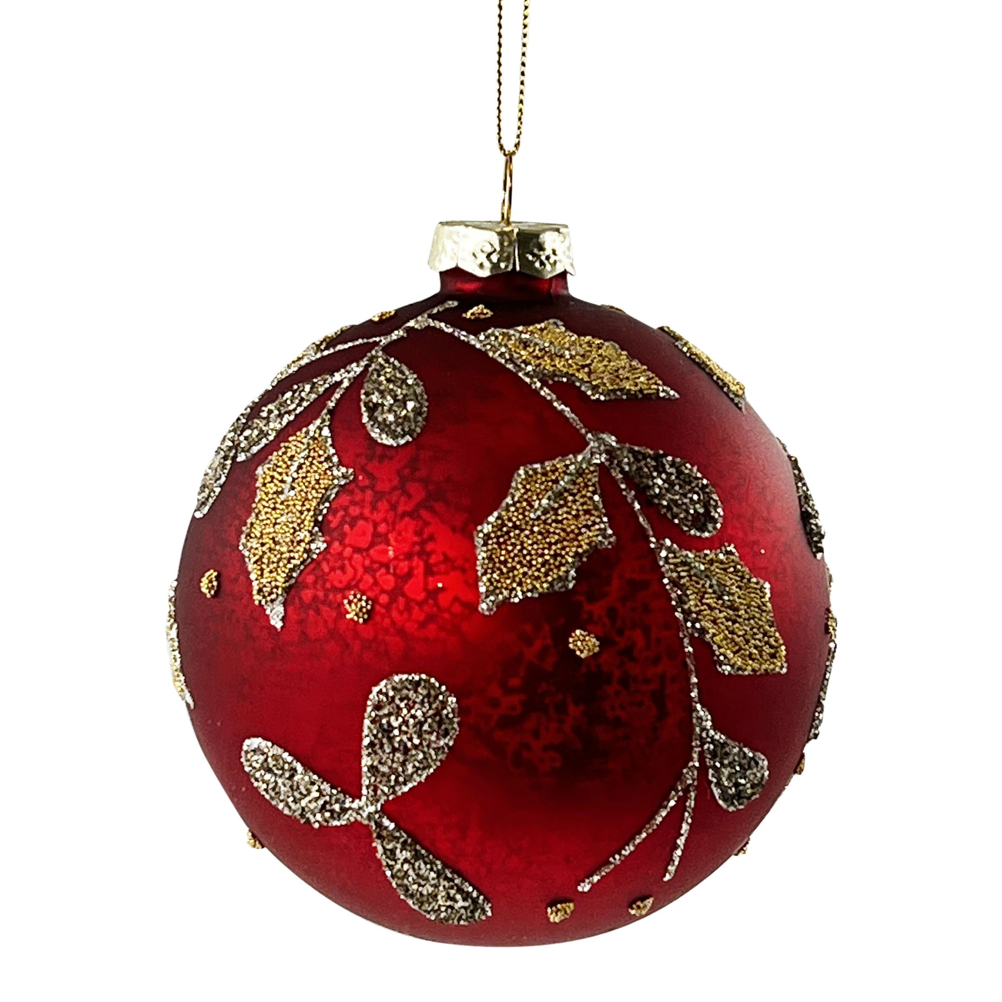 Red Glass Ornament with Gold Holly