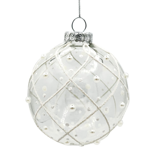 Clear Ball Glass Ornament with White Beads