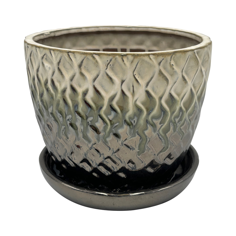 Ceramic Metallic White Pot with Saucer