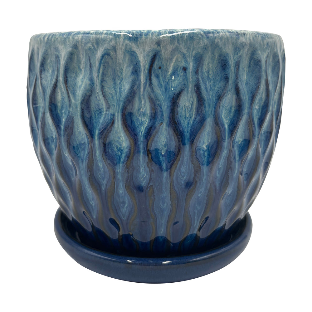 Ceramic Blue White Drop Flower Pot with Saucer 7.6 Inches