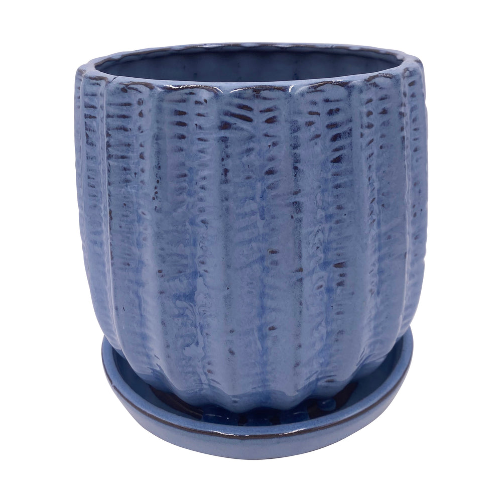 Ceramic Blue Ribbed Flower Pot with Saucer 7.5 Inches