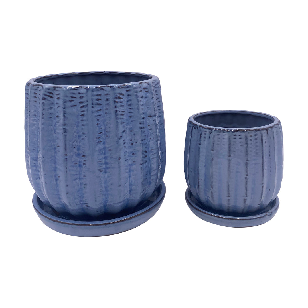 Ceramic Blue Ribbed Flower Pot with Saucer