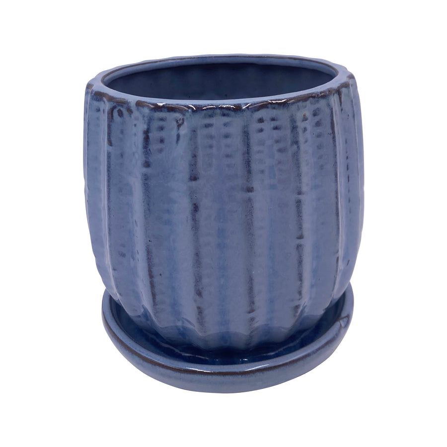 Ceramic Blue Ribbed Flower Pot with Saucer 5.1 Inches