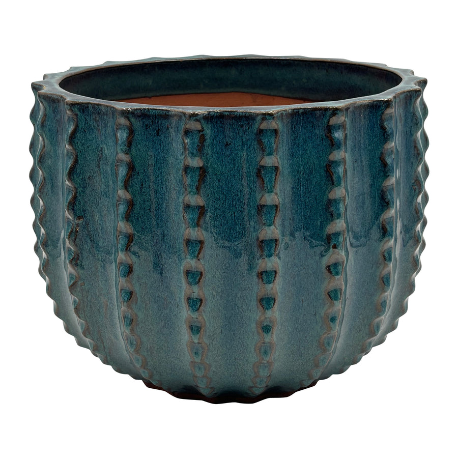 Ceramic Teal Blue Dotted Stripe Pot