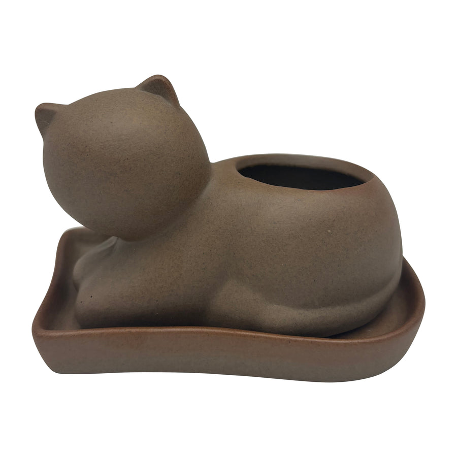 Gold Cat Pot with Attached Saucer