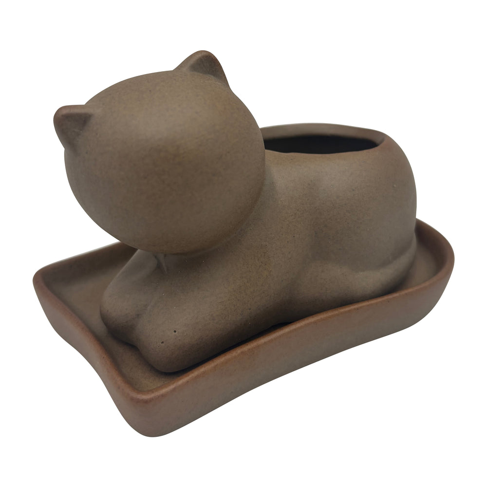 Gold Cat Pot with Attached Saucer