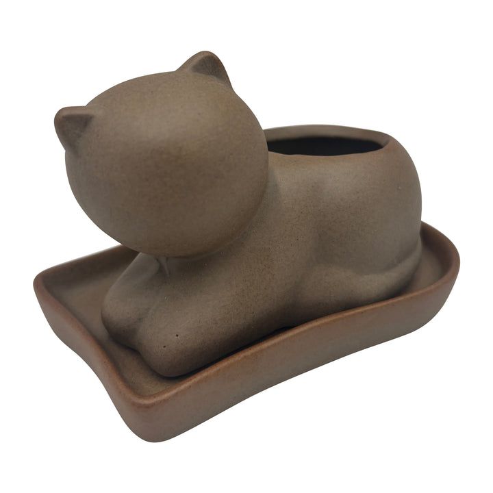 Gold Cat Pot with Attached Saucer
