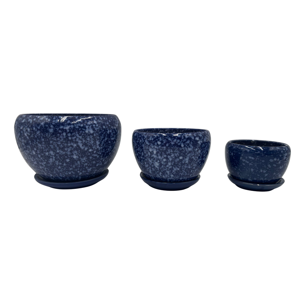 Blue and White Pot with Attached Saucer
