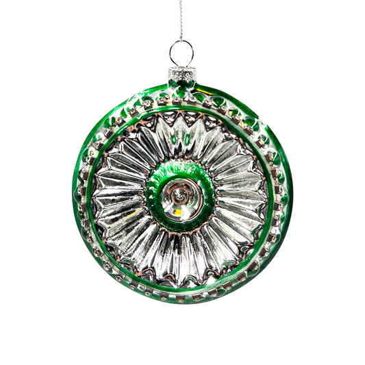 Cut-Out Green & Silver Glass Ball Ornament