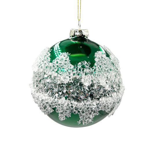 Green and Silver Glitter Glass Ball Ornament