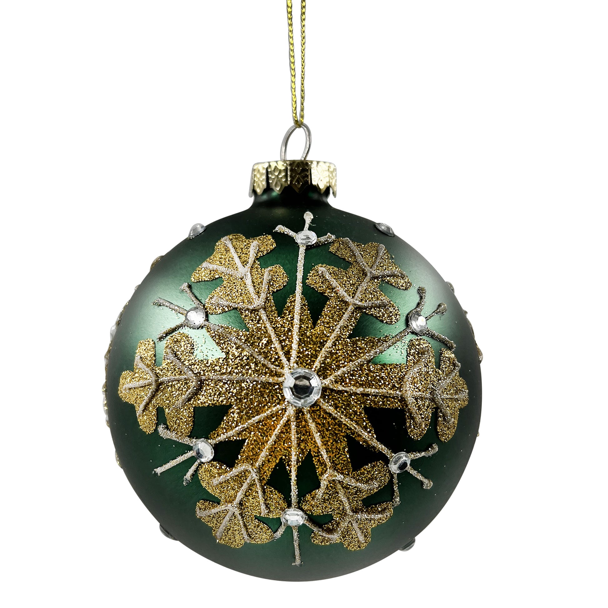 Green and Gold Snowflake Glass Ball Ornament