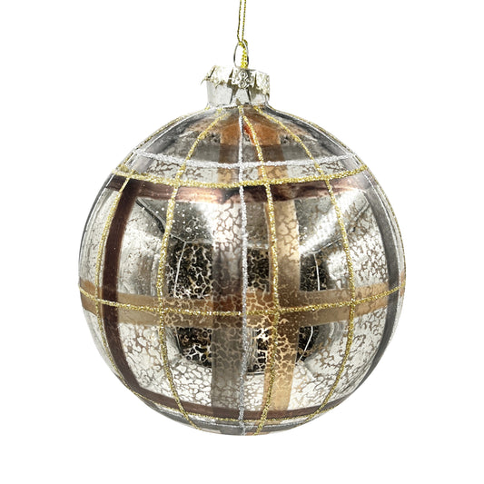 Brown, Gold, & Silver Plaid Glass Ball Ornament