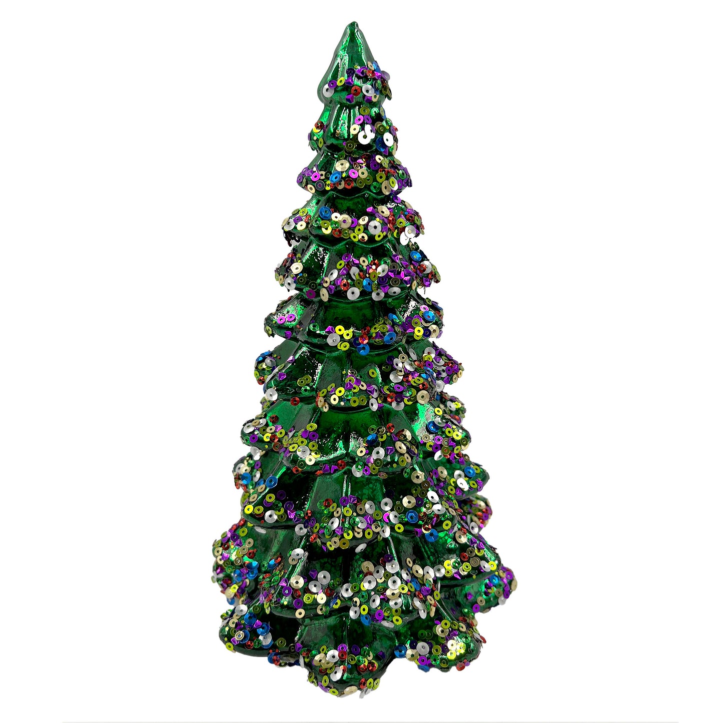 Green Glass Tabletop Tree with Multi-Color Sequins 9"