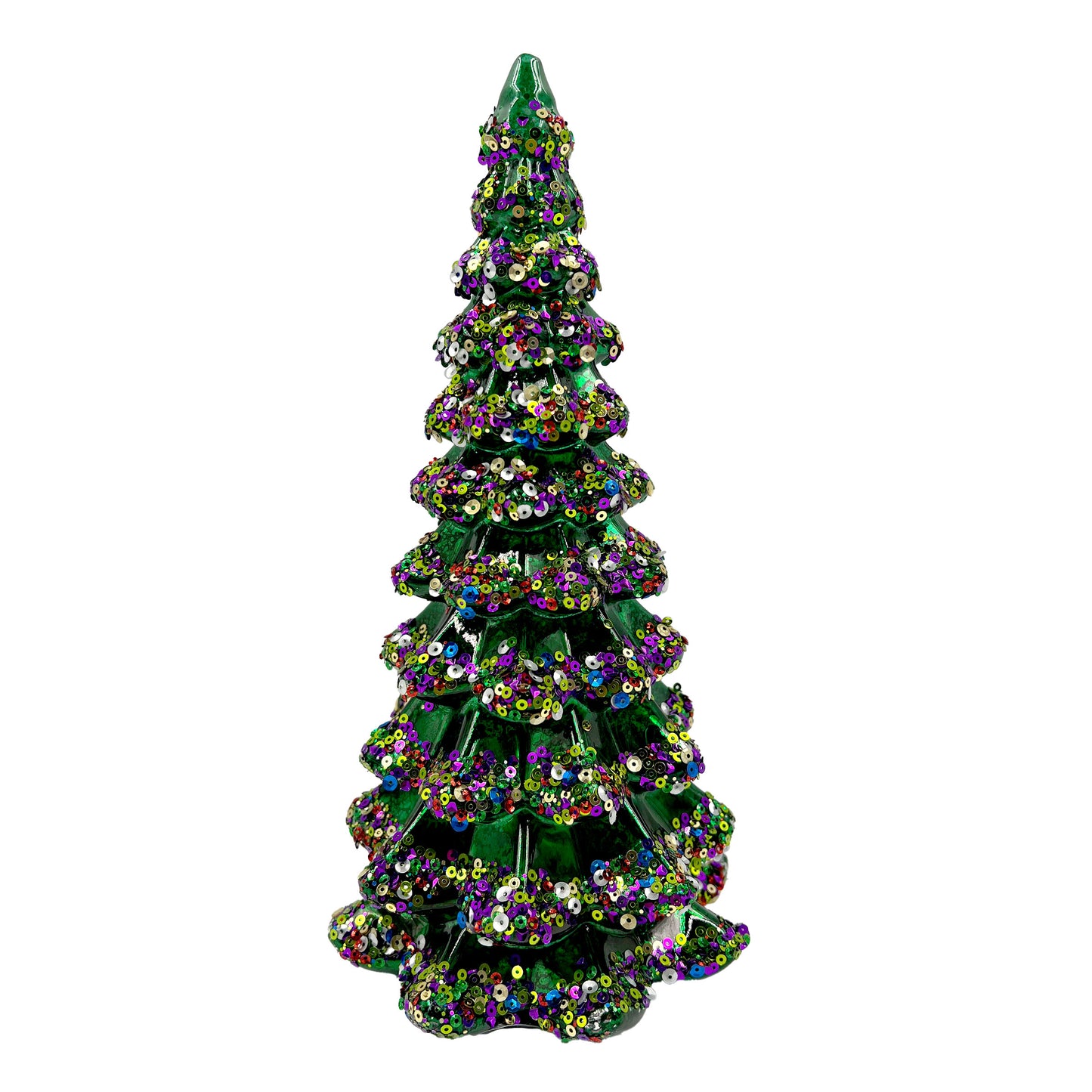 Green Glass Tabletop Tree with Multi-Color Sequins 11"