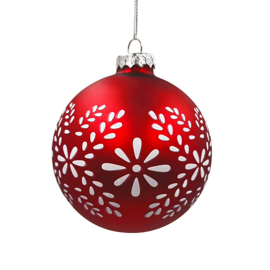 Glass Ball Ornament Red with White Snowflake Design