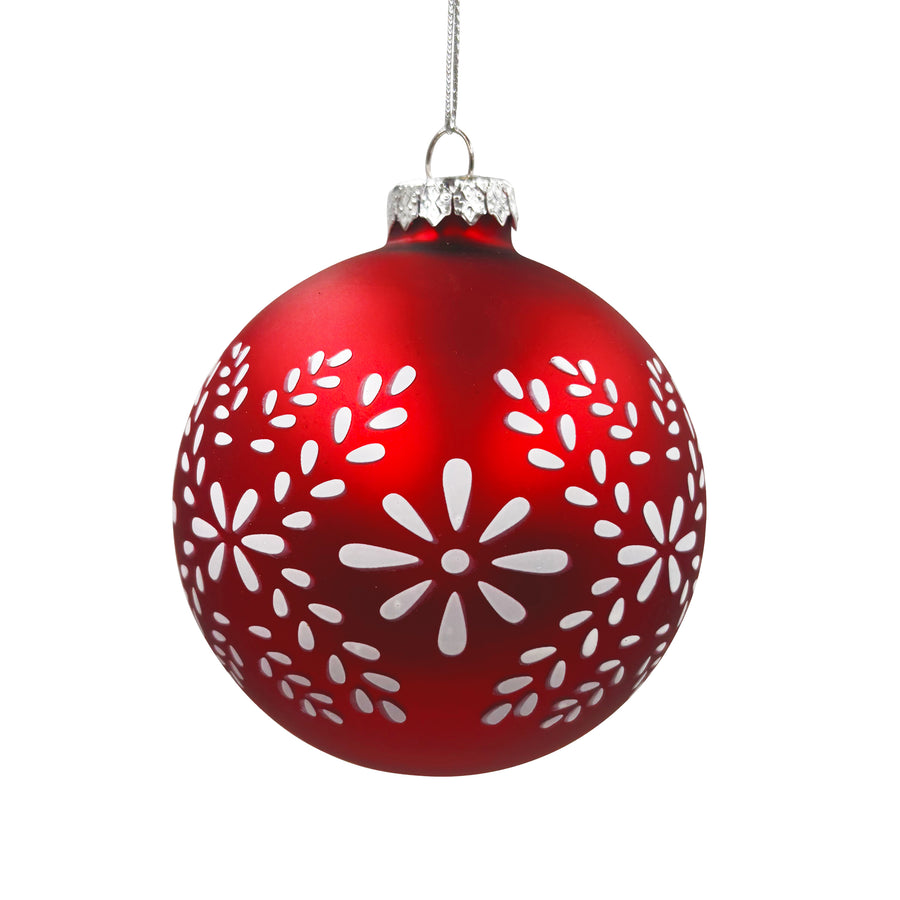 Glass Ball Ornament Red with White Snowflake Design