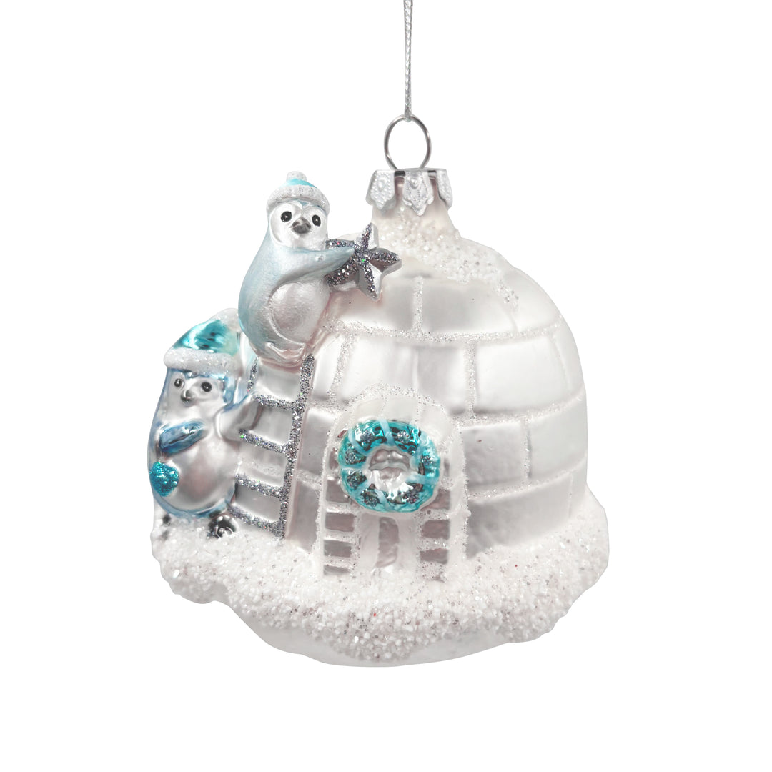 Penguin With Igloo Glass Ornament