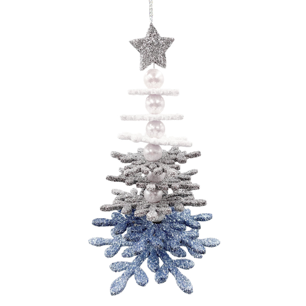 Glittered Snowflake Tree Ornament White to Blue