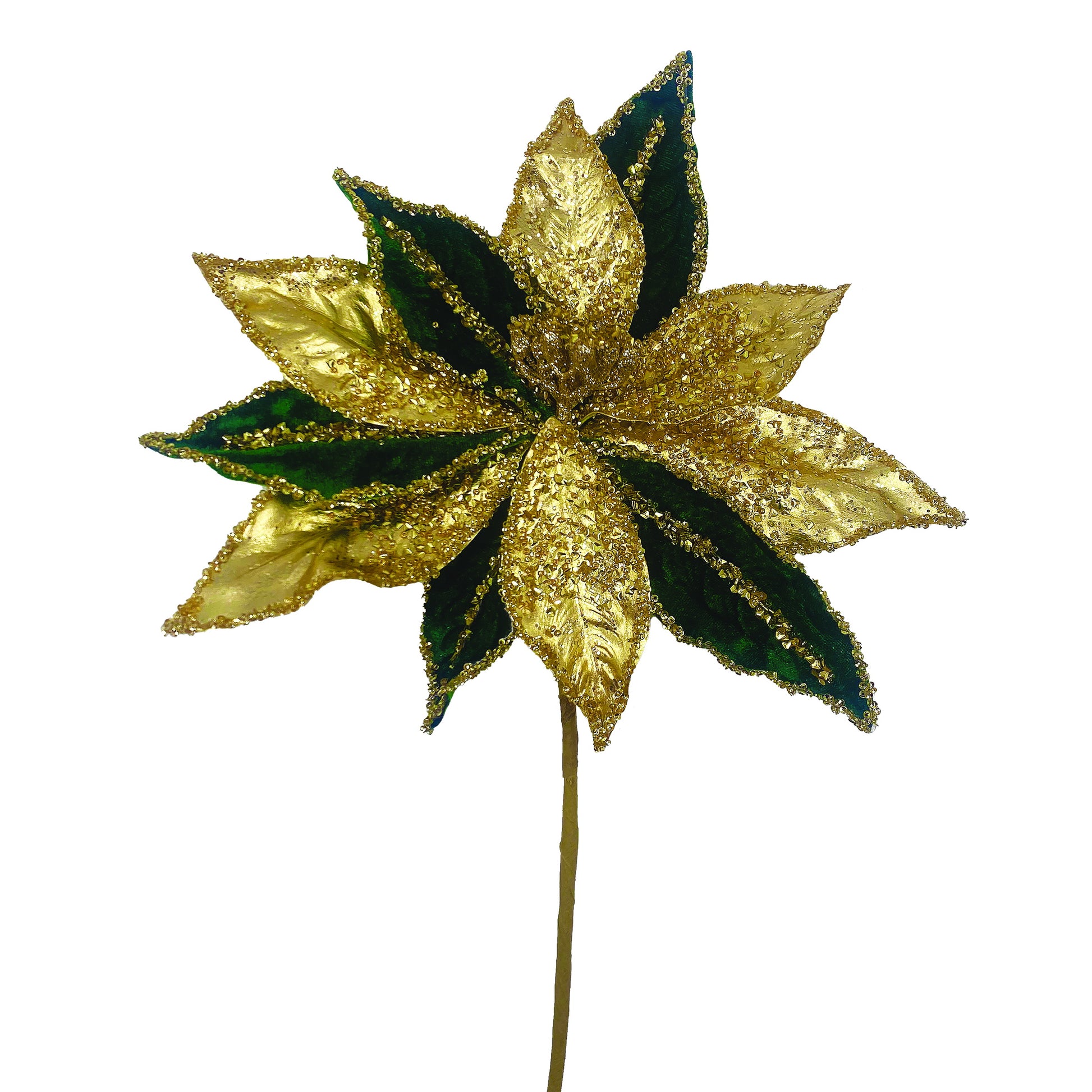 Dark Green & Gold Beaded Poinsettia Stem 20"