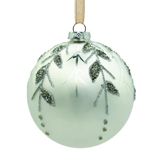 White & Silver Leaf Glass Ball Ornament