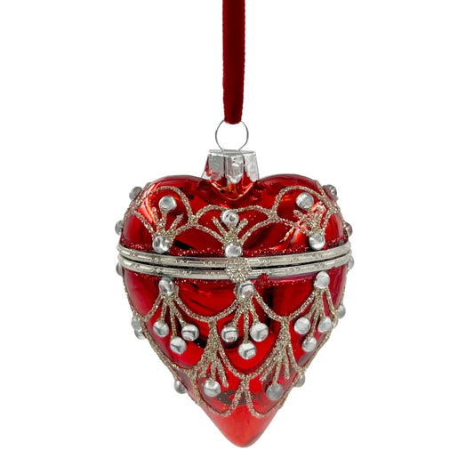 Red Glass Heart Locket Box Ornament Silver Rhinestones