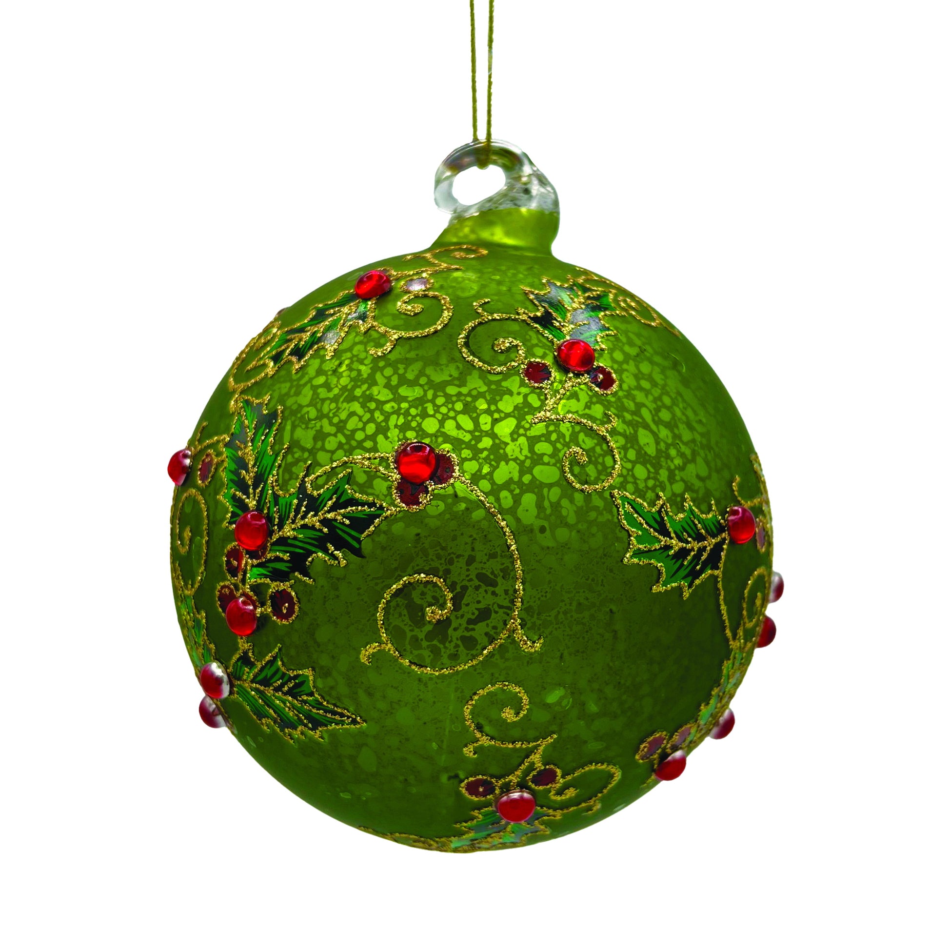 Green Holly Glass Ball Ornament