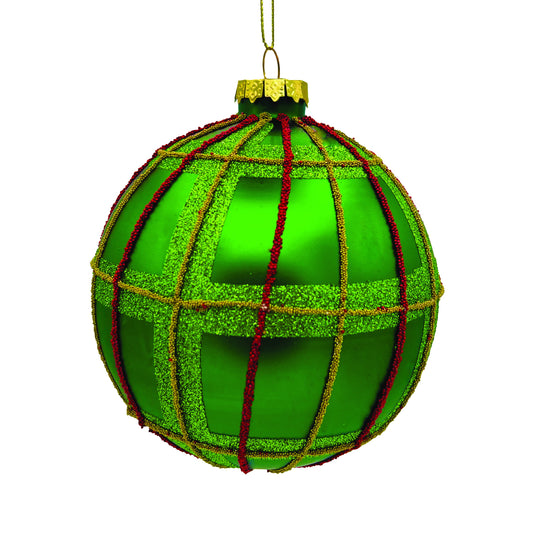 Plaid Glass Ball Ornament Green