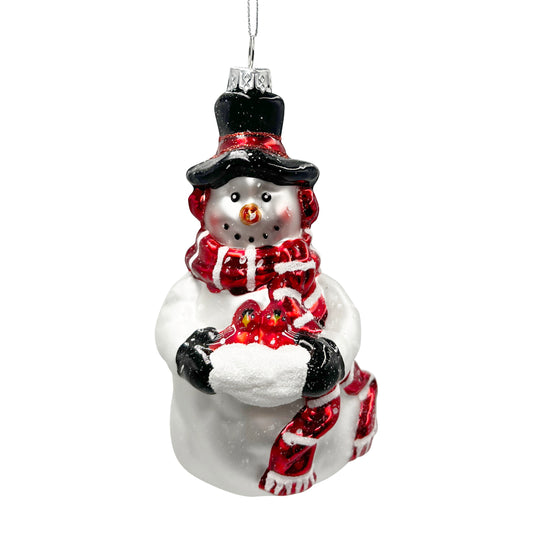 Snowman with Cardinals Glass Ornament