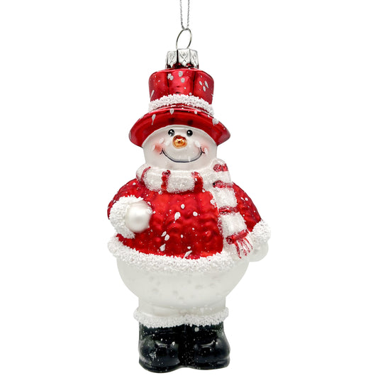 Snowy Red Snowman Glass Ornament