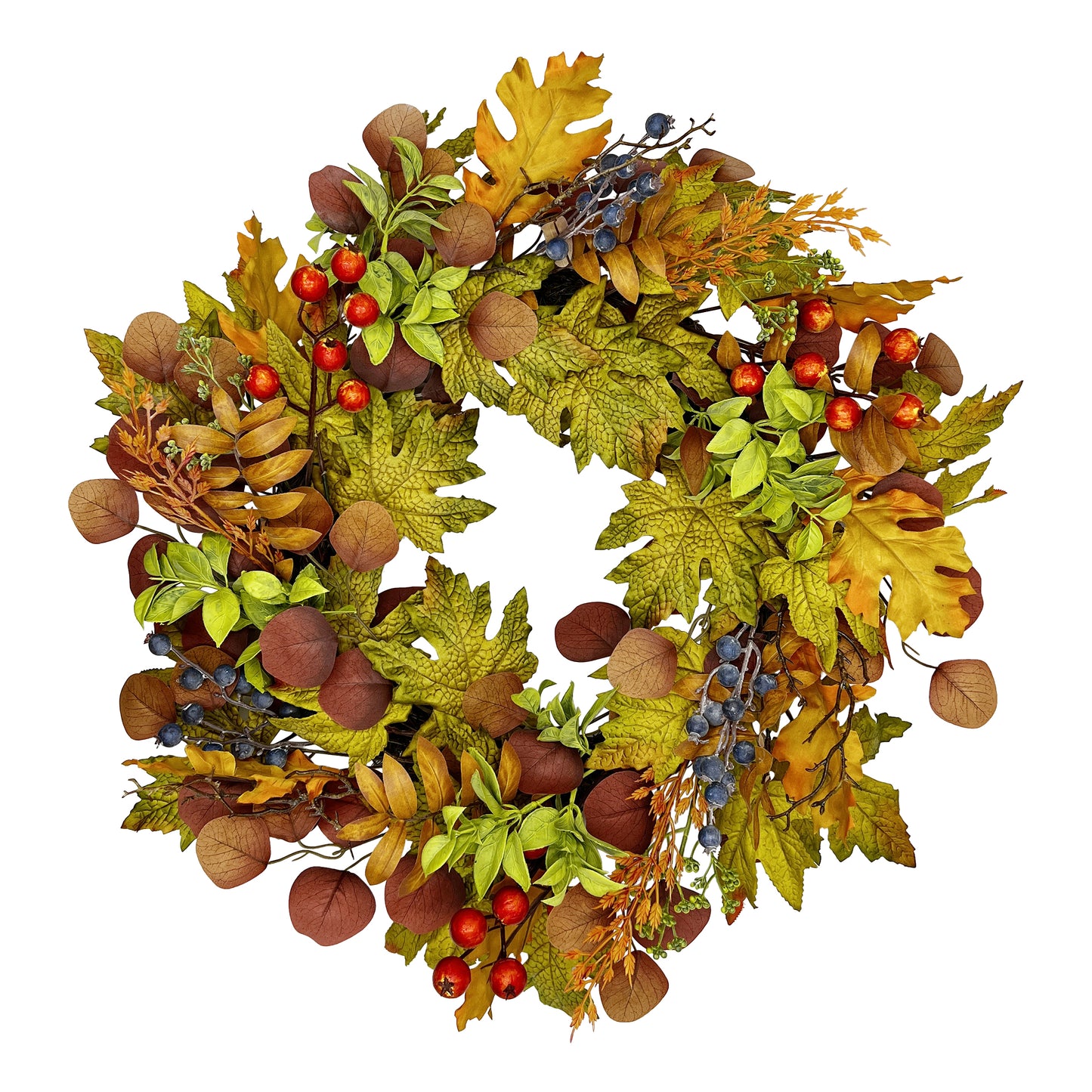 24" Mixed Foliage Wreath with Blue & Orange Berries