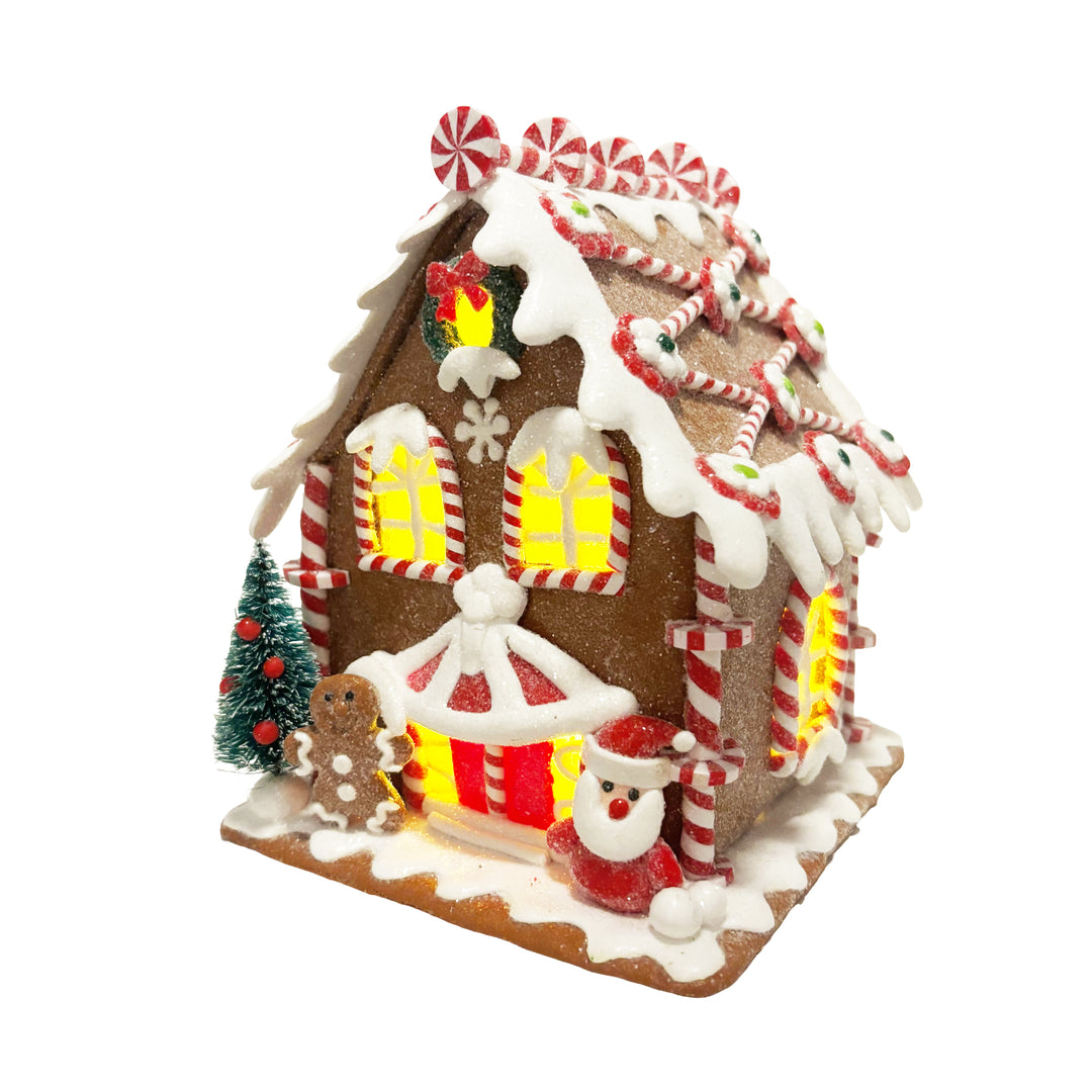 Lit Peppermint Gingerbread Santa Workshop