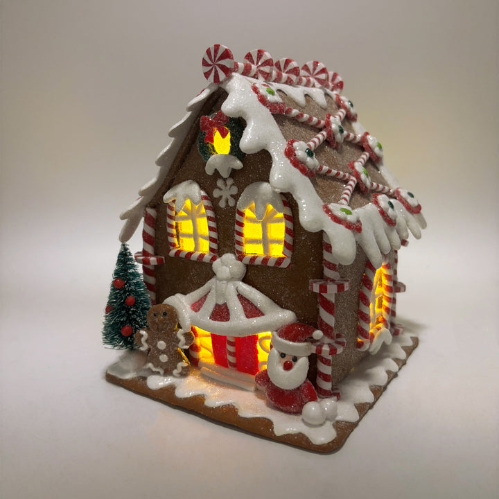 Lit Peppermint Gingerbread Santa Workshop