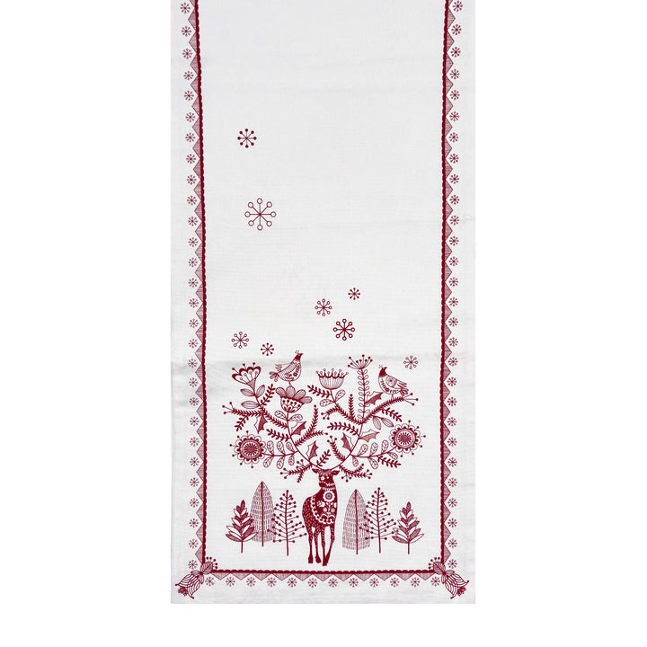 Red and White Folk Reindeer Collection Table Runner