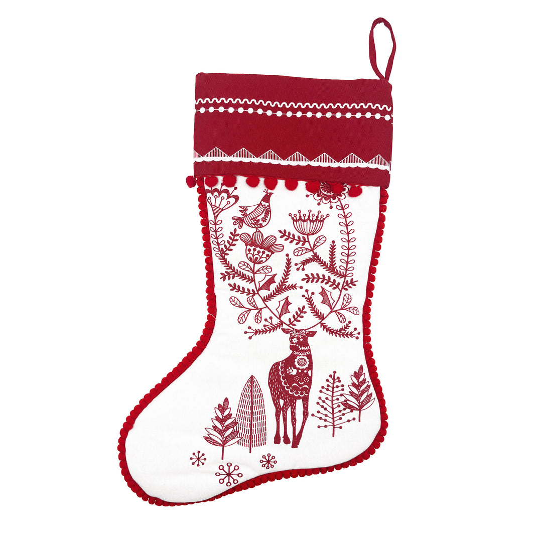 Red and White Folk Reindeer Collection Stocking