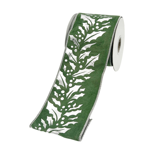 4" x 5Y Sage Green and Holly Velvet Wired Ribbon