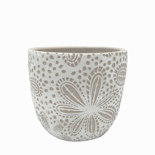 White Cement Pot with Floral Imprint 5"