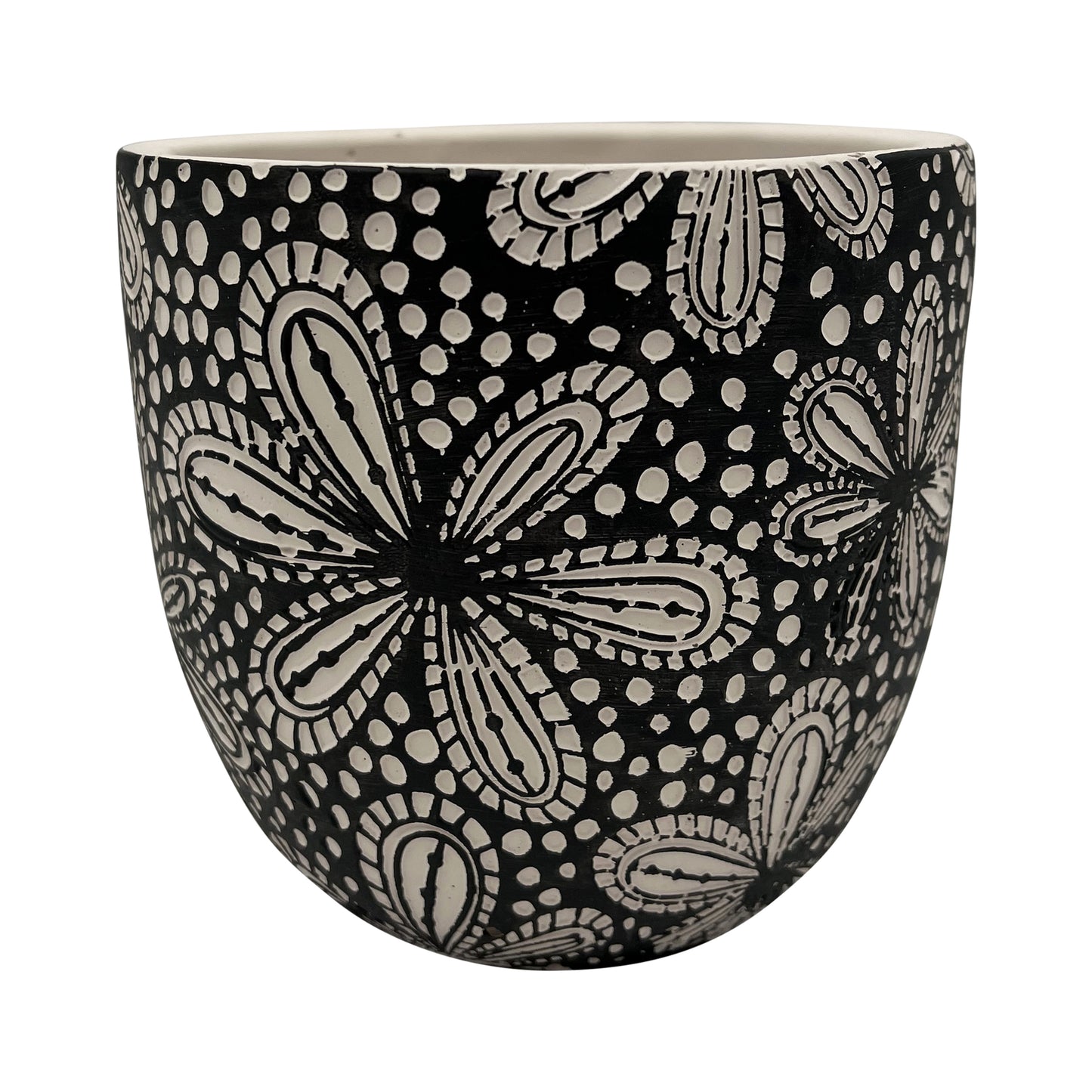 Black Cement Pot with Floral Imprint 7"