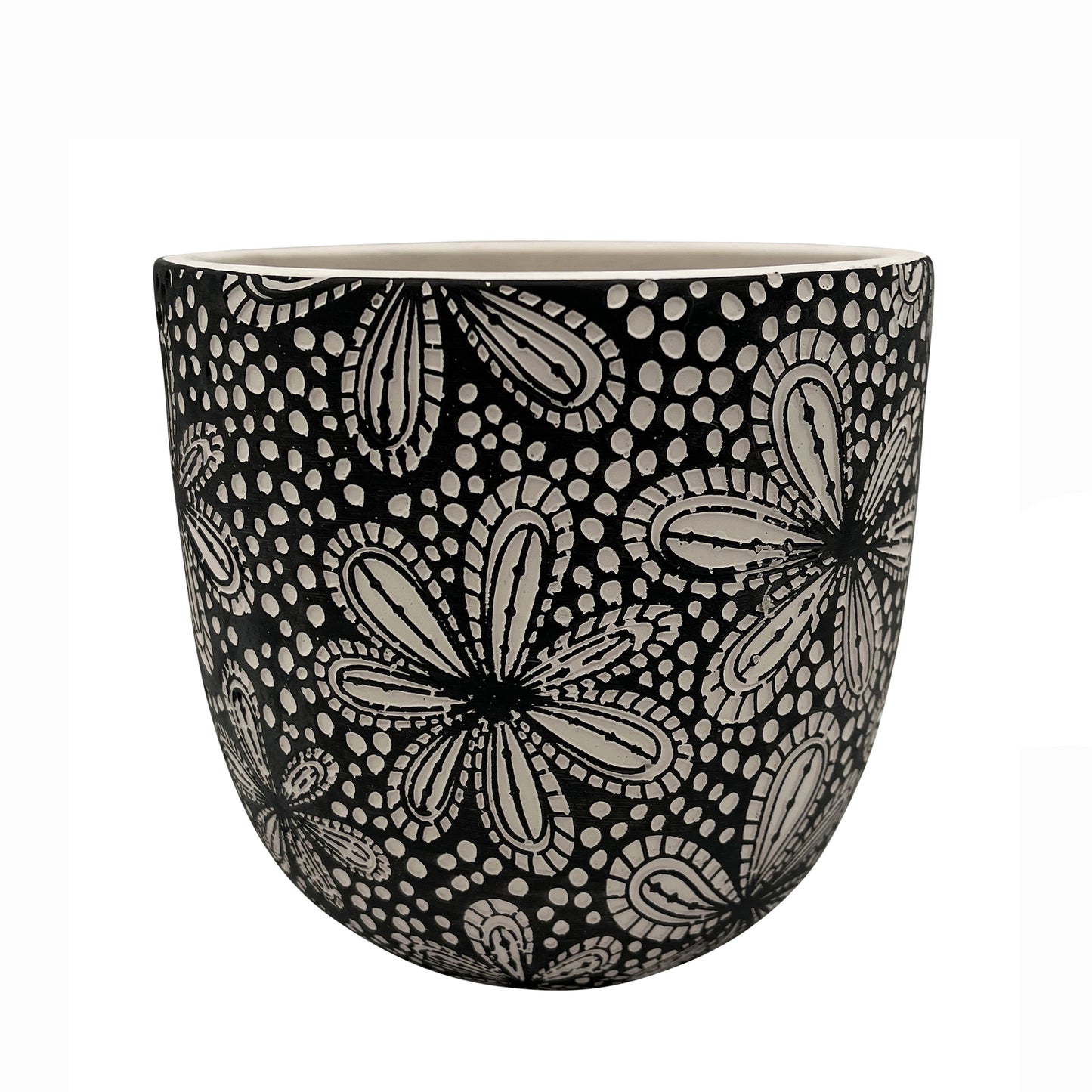 Black Cement Pot with Floral Imprint 6"