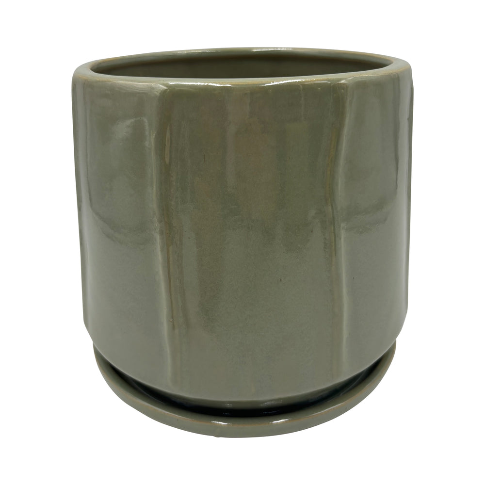 Ceramic Glaze Drip Light Green Pot with Saucer 8 Inches