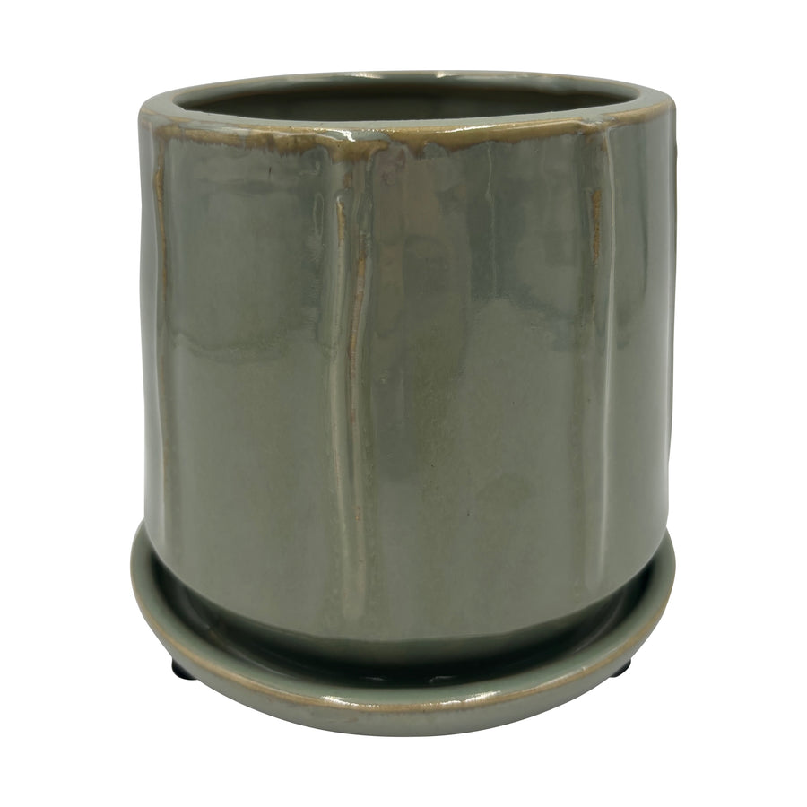 Ceramic Glaze Drip Light Green Pot with Saucer 5.7 Inches