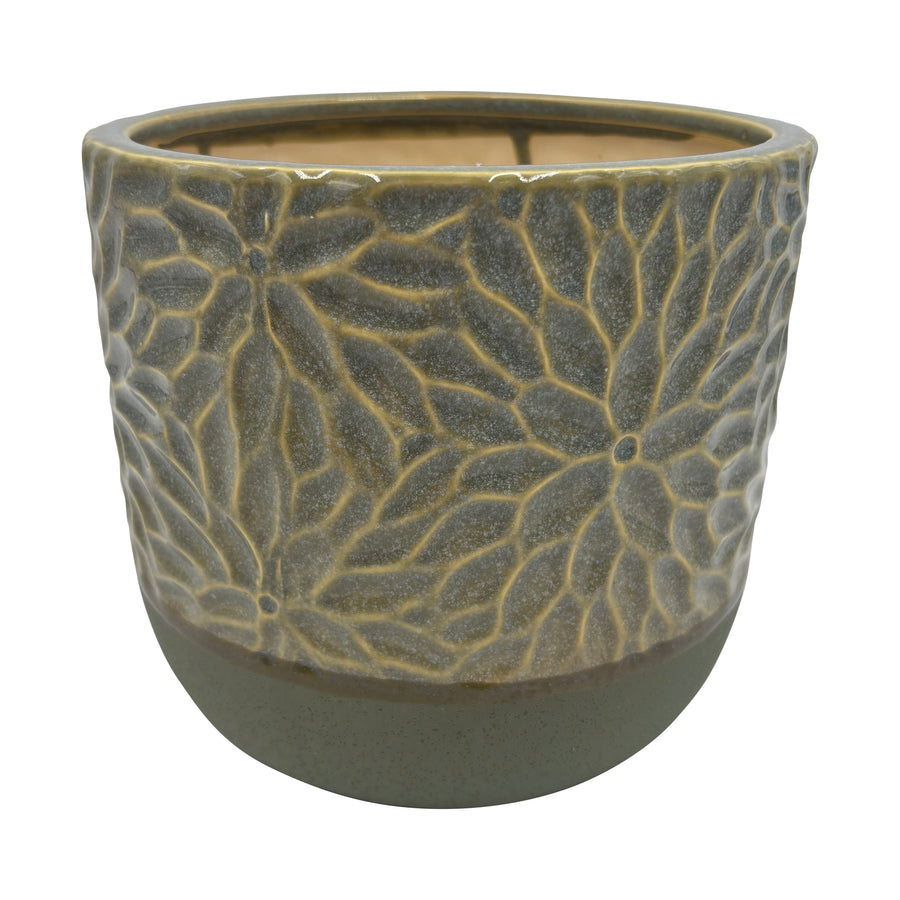 Green Floral Engraved Small Indoor Pot