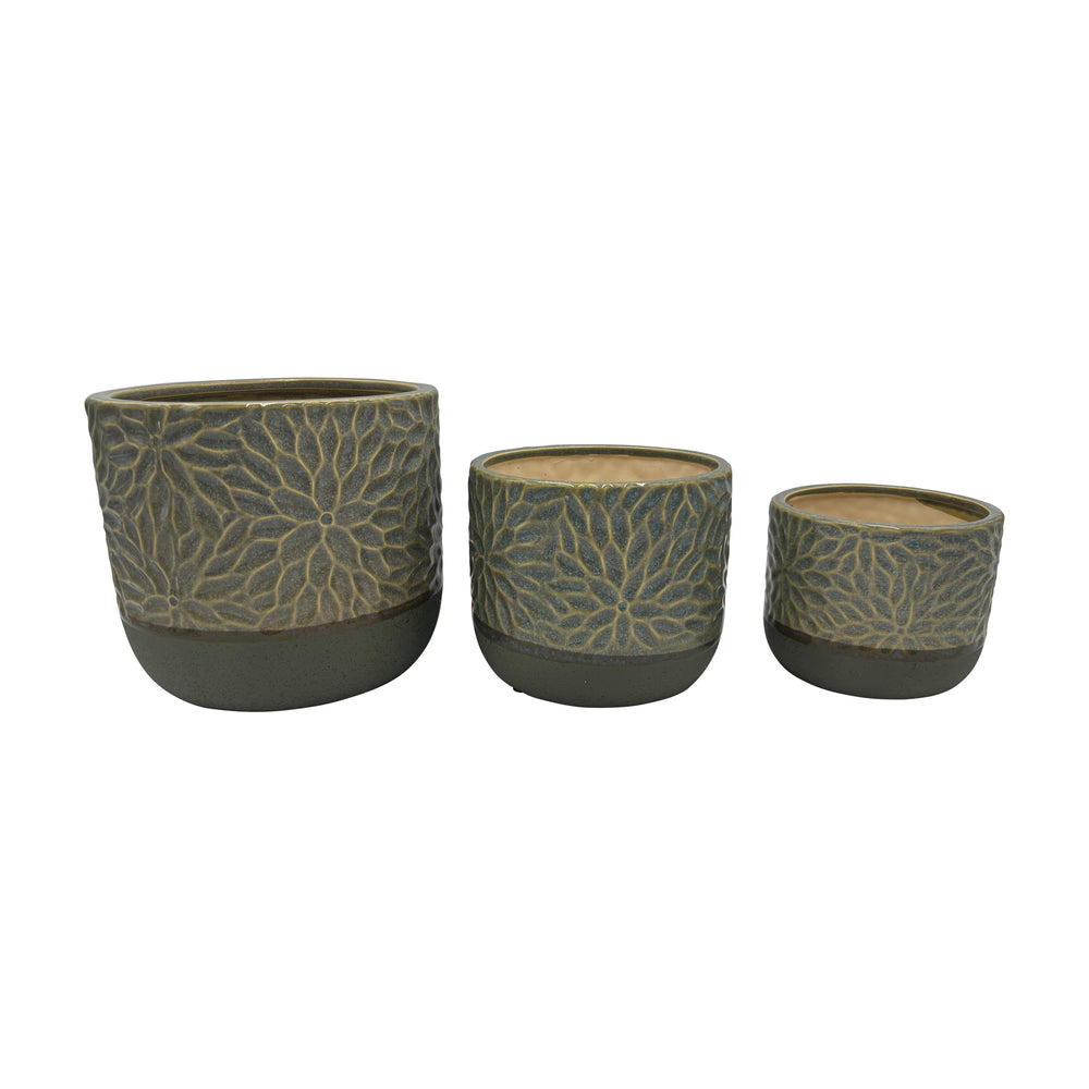 Green Floral Engraved Small Indoor Pot