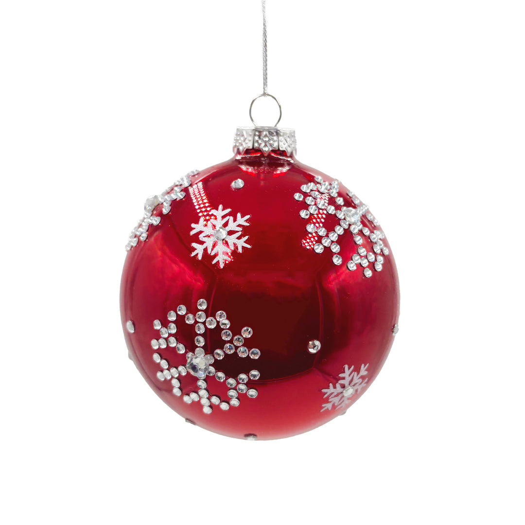 Red Glass Ball Ornament with Silver Gem Snowflakes