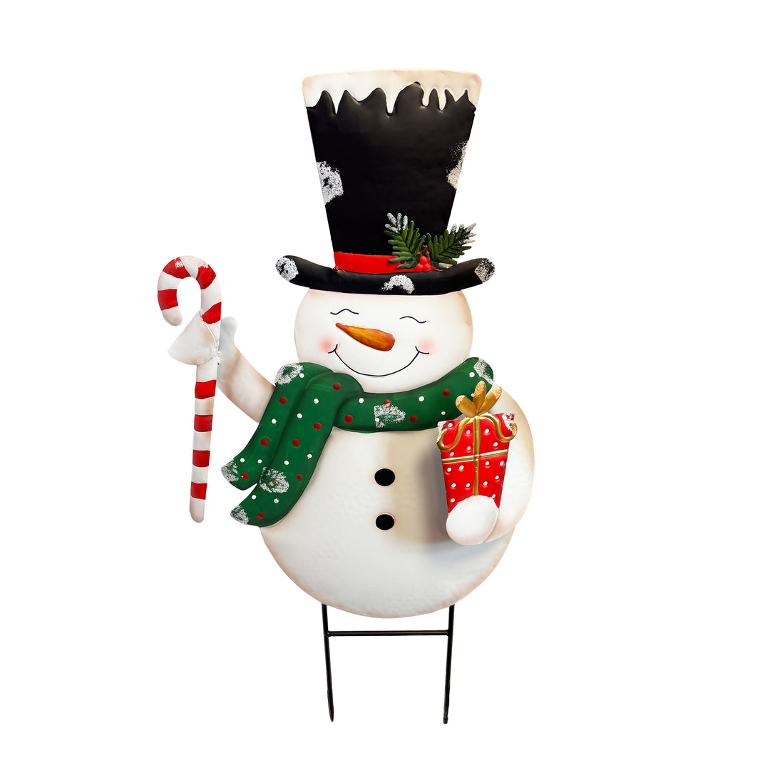 Snowman Yard Stake with Candy Cane & Gift Box