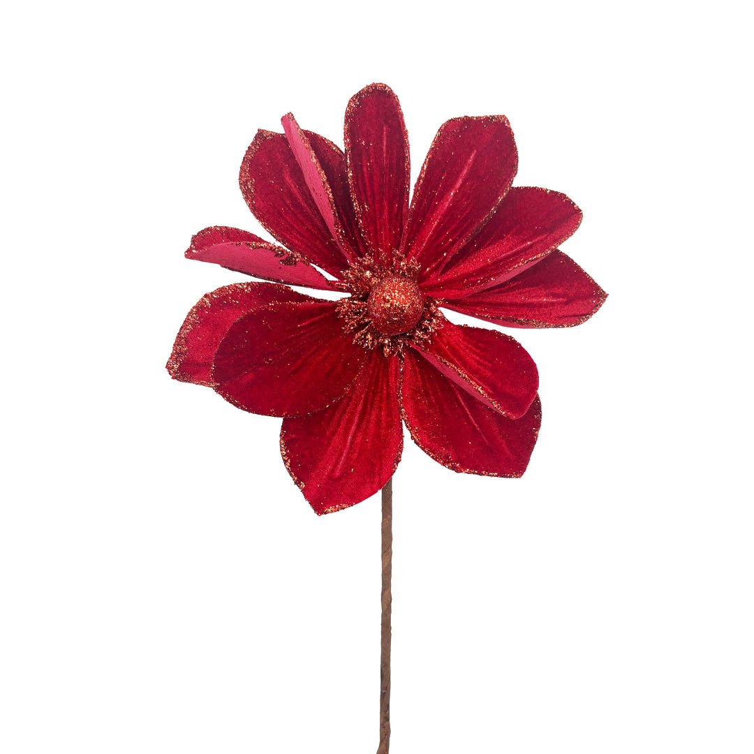 Velvet Glittered Magnolia Stem Red