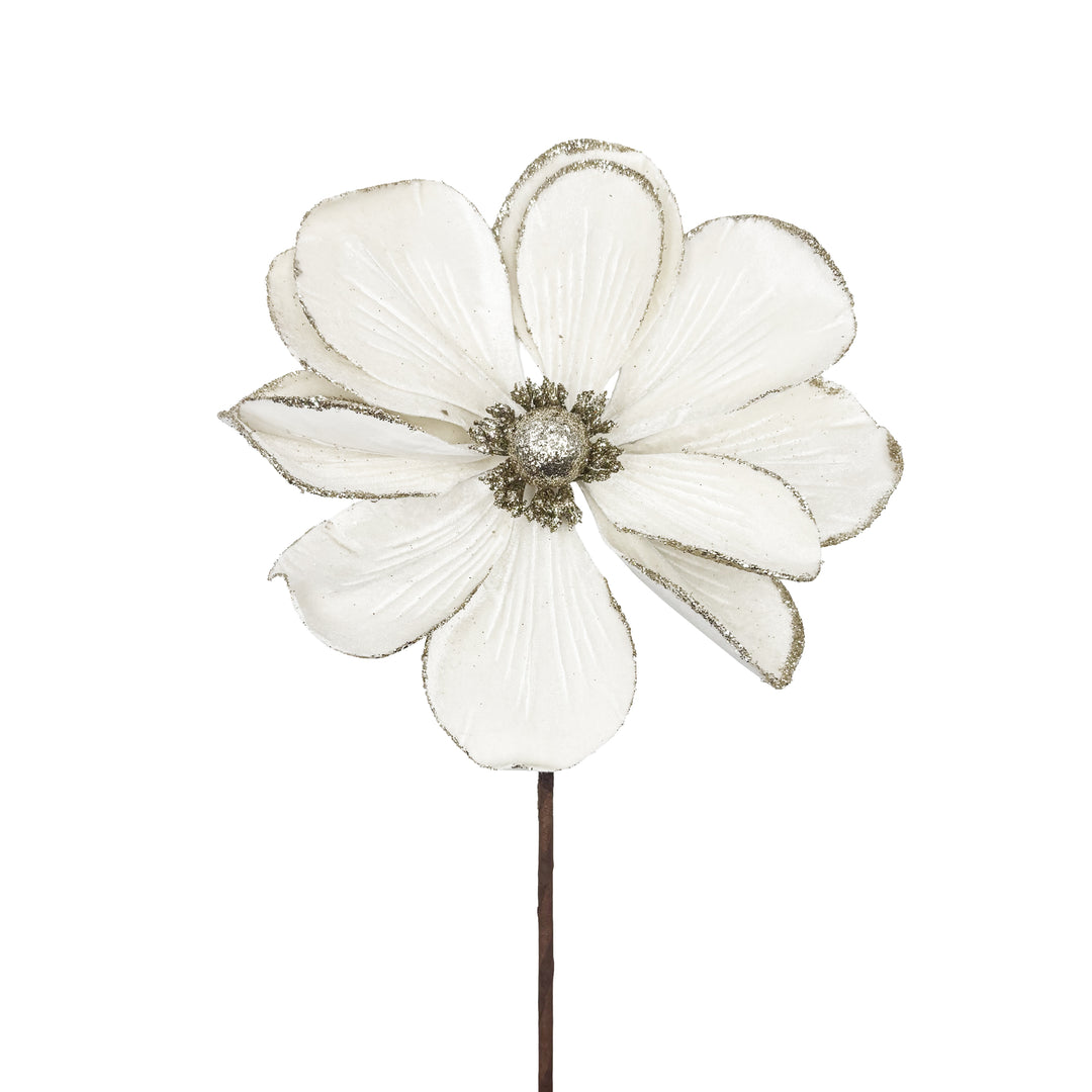 White Velvet Glittered Magnolia Stem
