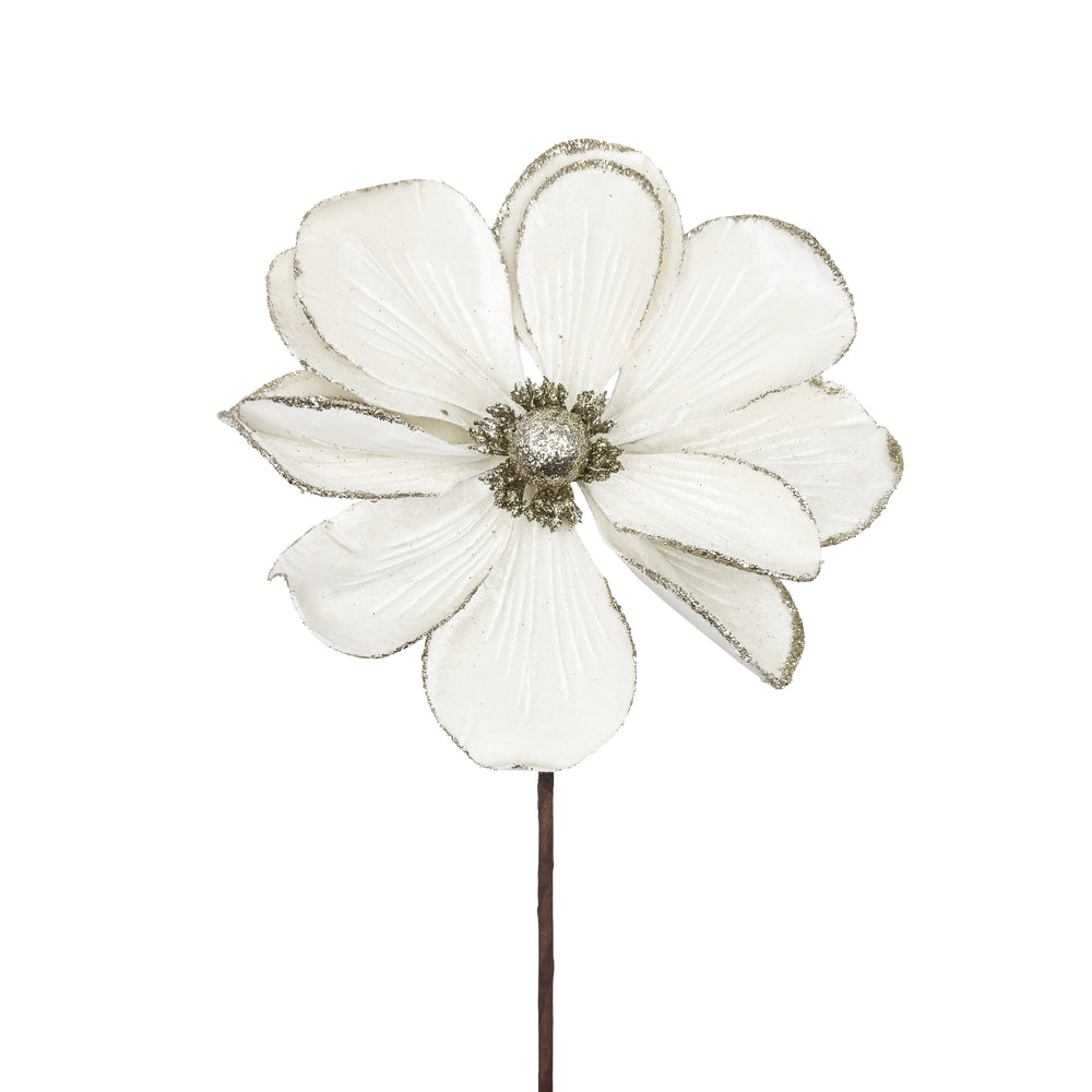 Velvet Glittered Magnolia Stem White