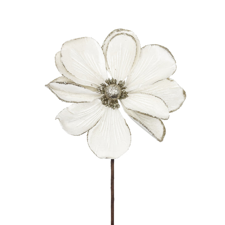 Velvet Glittered Magnolia Stem White