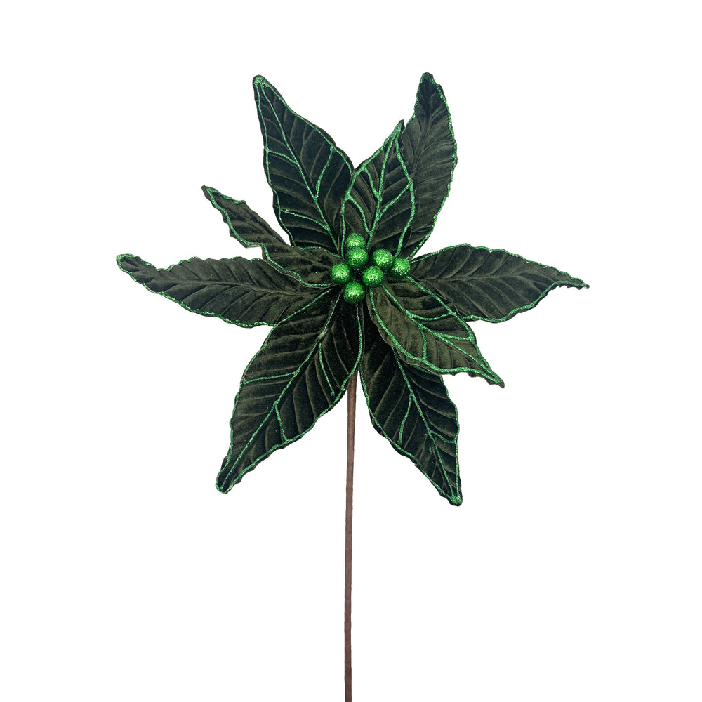 Velvet Glittered Poinsettia Stem Green