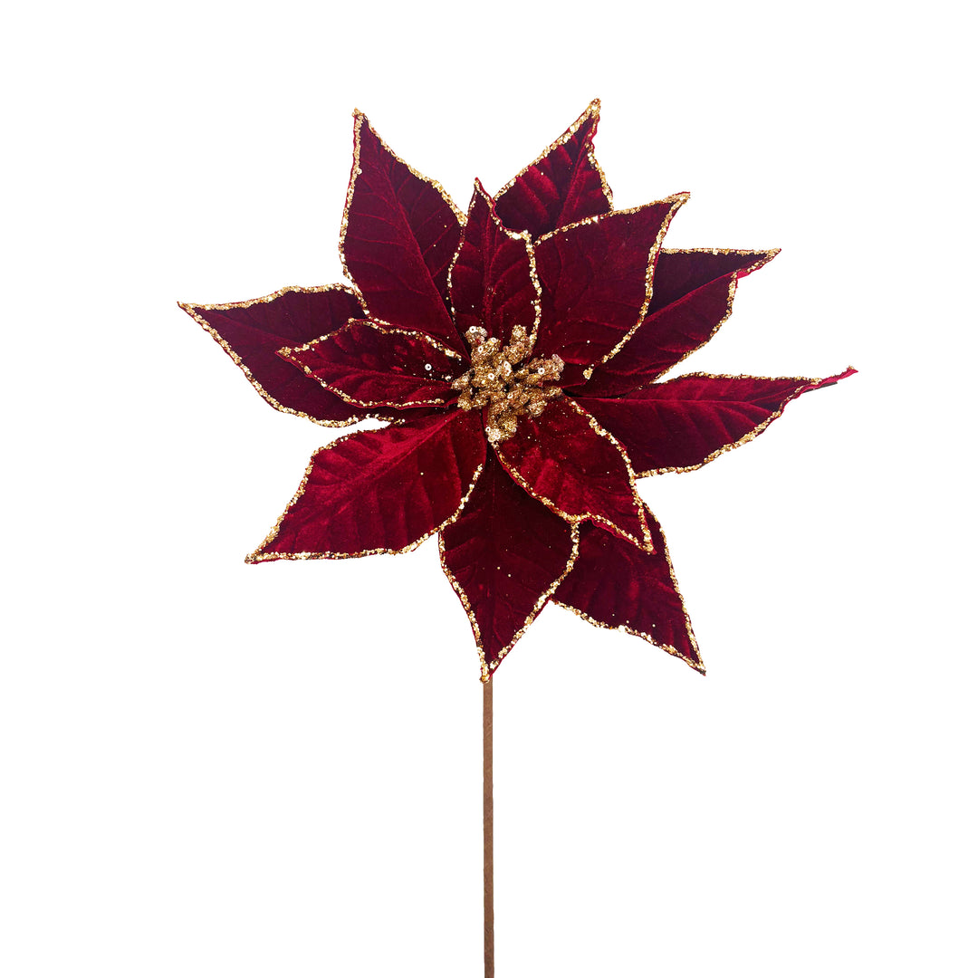 Velvet Glittered Poinsettia Stem Burgundy